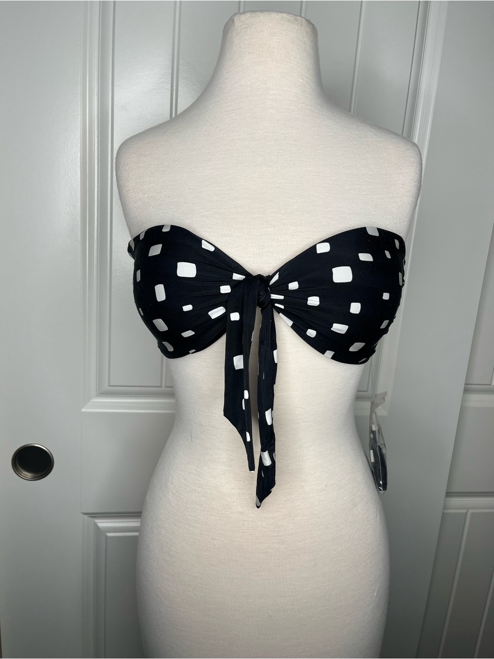 Seafolly Soft Spot Bandeau Top Black White Tie Front Retro Womens Size 6 Swim
